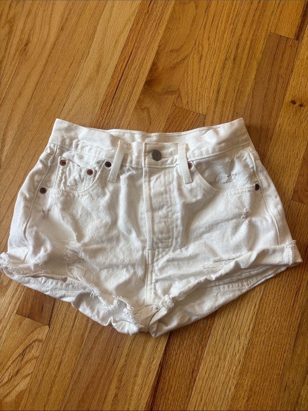 Levi 501 White Distressed High-Waist Women’s Denim Shorts